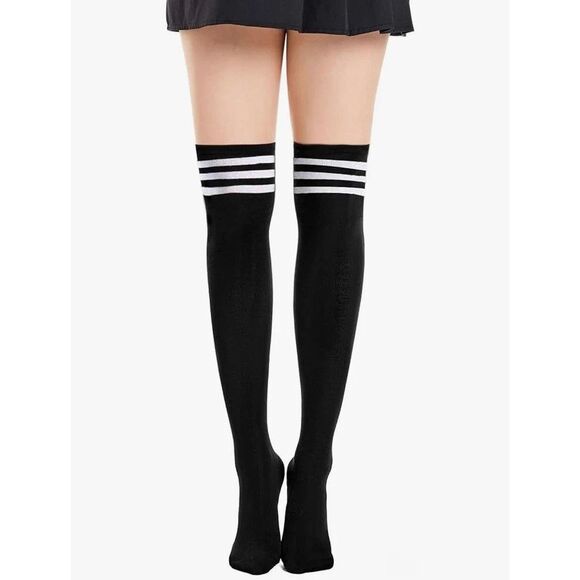 Thigh High Socks Knee High Ladies Over Knee Socks Black with White Stripes NEW - Picture 2 of 4